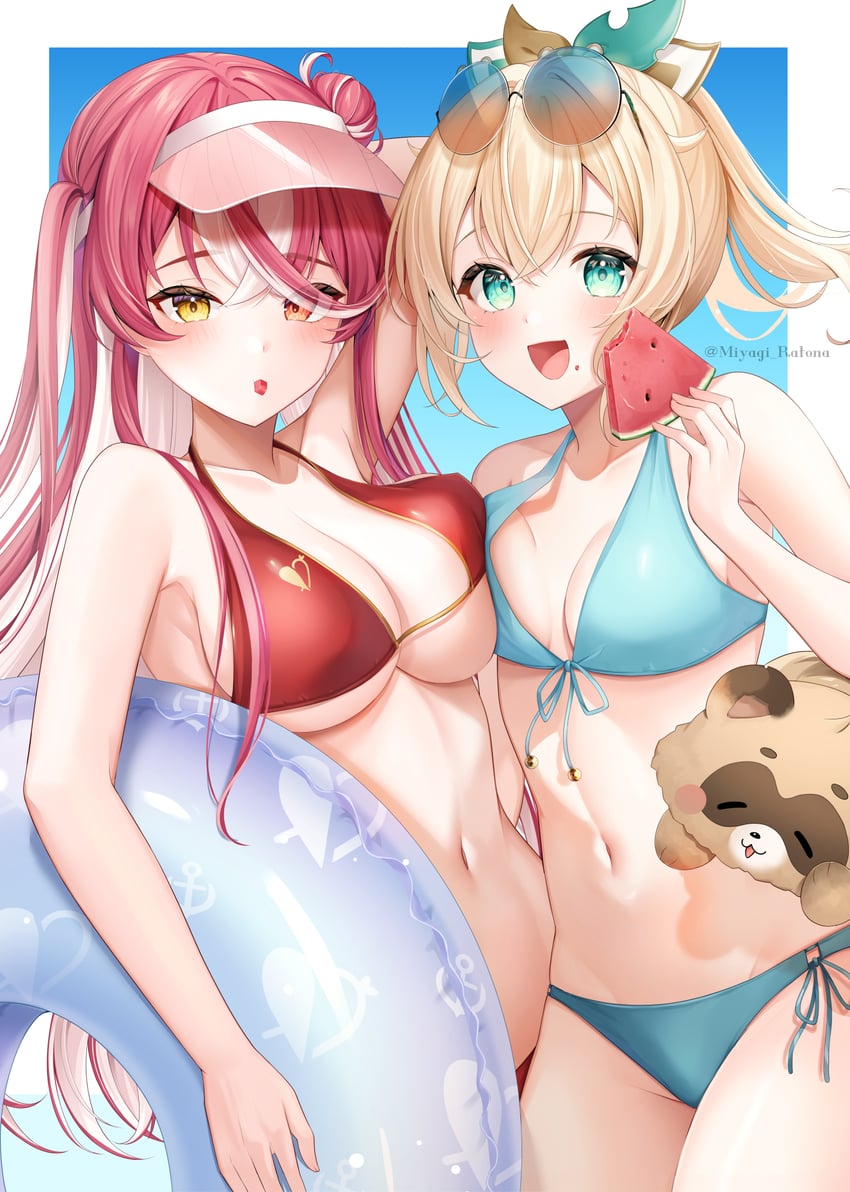 houshou marine, kazama iroha, and pokobee (hololive) drawn by miyagi_ratona
