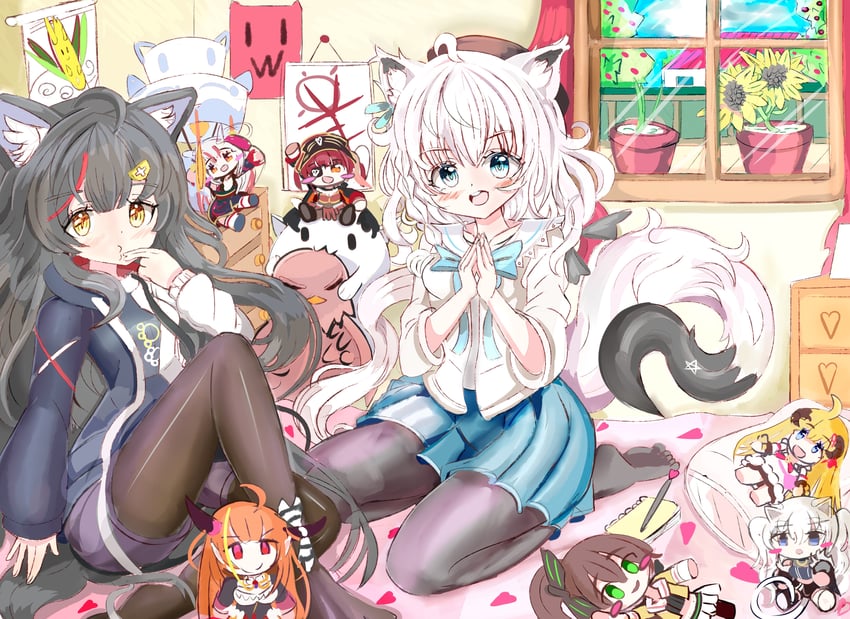 houshou marine, shirakami fubuki, ookami mio, shishiro botan, nakiri ayame, and 3 more (hololive) drawn by hitsujimaiw7