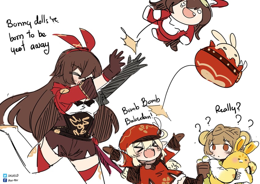 klee, amber, jumpy dumpty, yaoyao, baron bunny, and 1 more (genshin impact) drawn by sesield