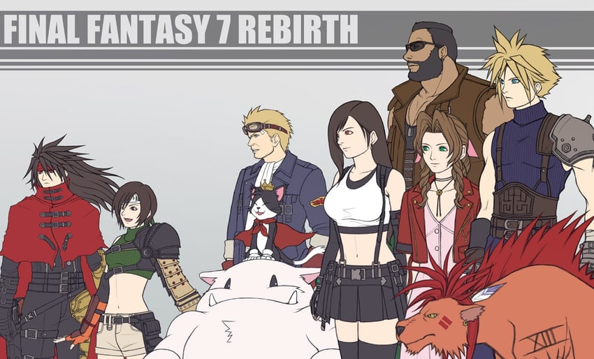 tifa lockhart, cloud strife, aerith gainsborough, yuffie kisaragi, moogle, and 5 more (final fantasy and 3 more) drawn by gai012