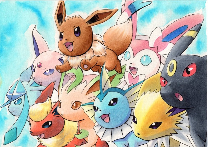 eevee, sylveon, umbreon, glaceon, vaporeon, and 4 more (pokemon) drawn by oka_mochi