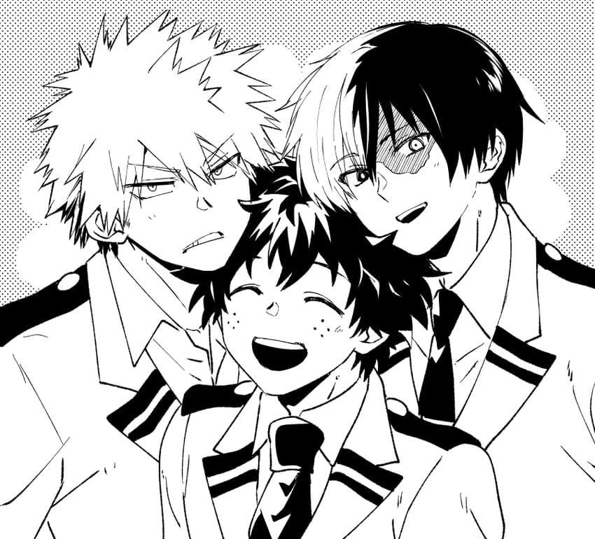 midoriya izuku, bakugou katsuki, and todoroki shoto (boku no hero academia) drawn by ikuhashi_muiko