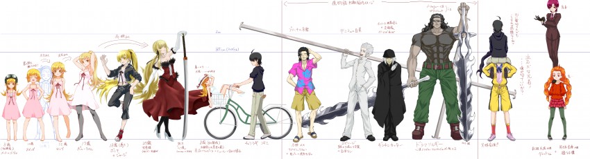 oshino shinobu, hachikuji mayoi, araragi koyomi, kiss-shot acerola-orion heart-under-blade, araragi karen, and 6 more (fate and 9 more) drawn by hizumi_(s05a1064)