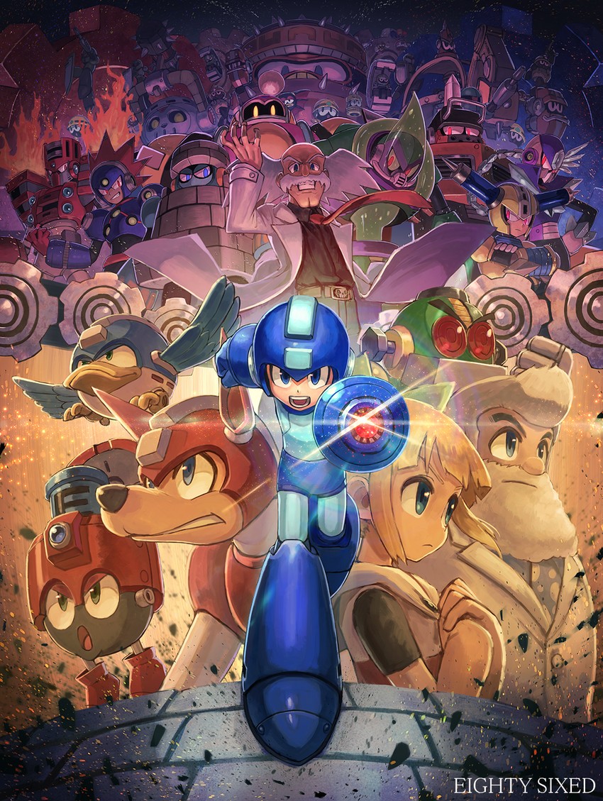 roll, mega man, met, rush, dr. light, and 14 more (mega man and 1 more) drawn by kuroi_susumu
