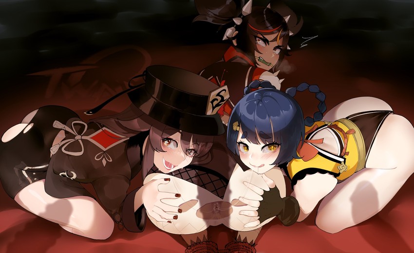 hu tao, xiangling, and xinyan (genshin impact) drawn by nyantcha