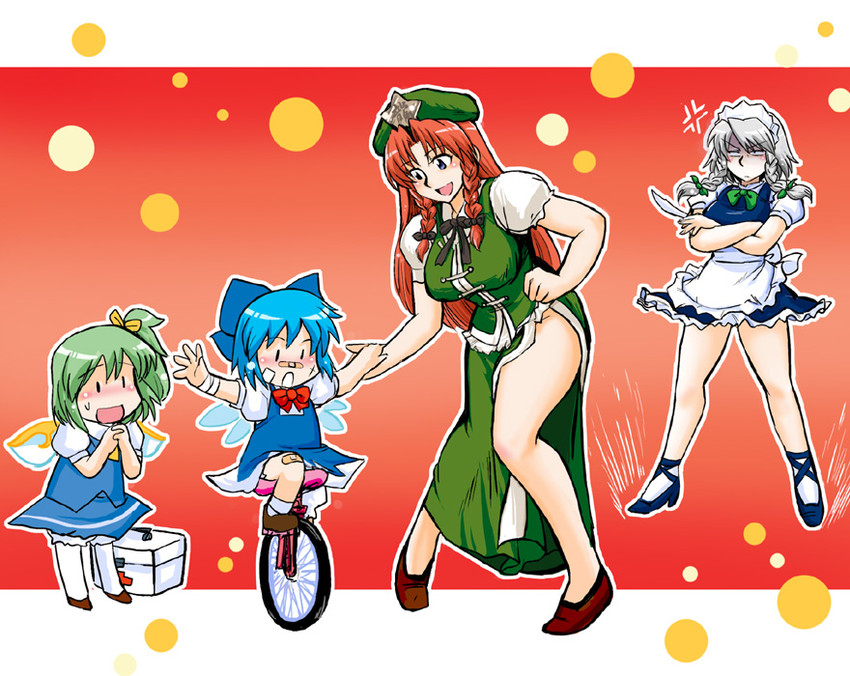 izayoi sakuya, cirno, hong meiling, and daiyousei (touhou) drawn by azuki_osamitsu