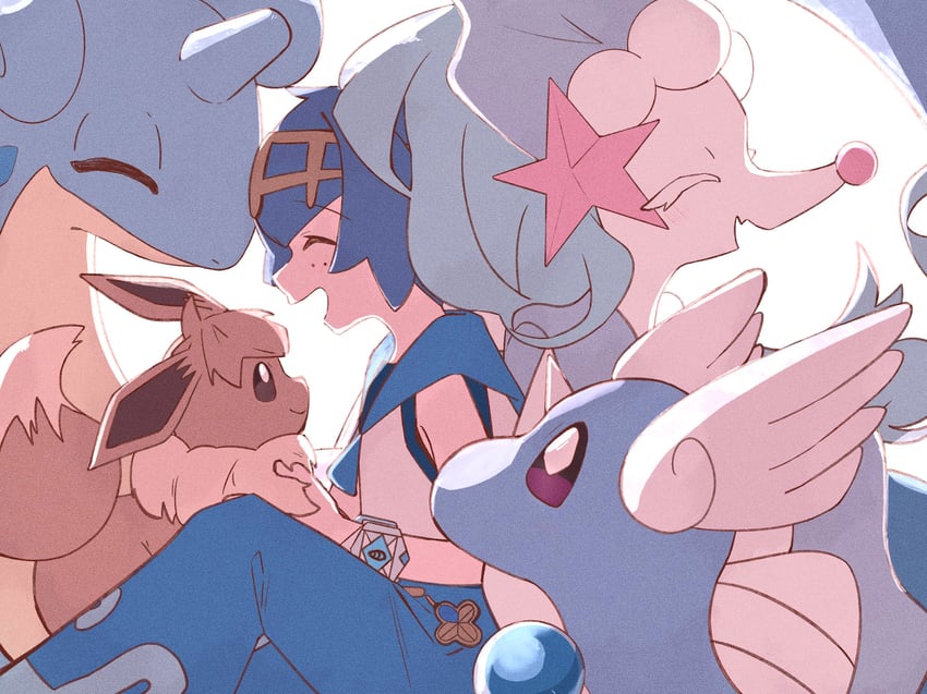 eevee, lana, lapras, primarina, and dragonair (pokemon and 1 more) drawn by soke_sa