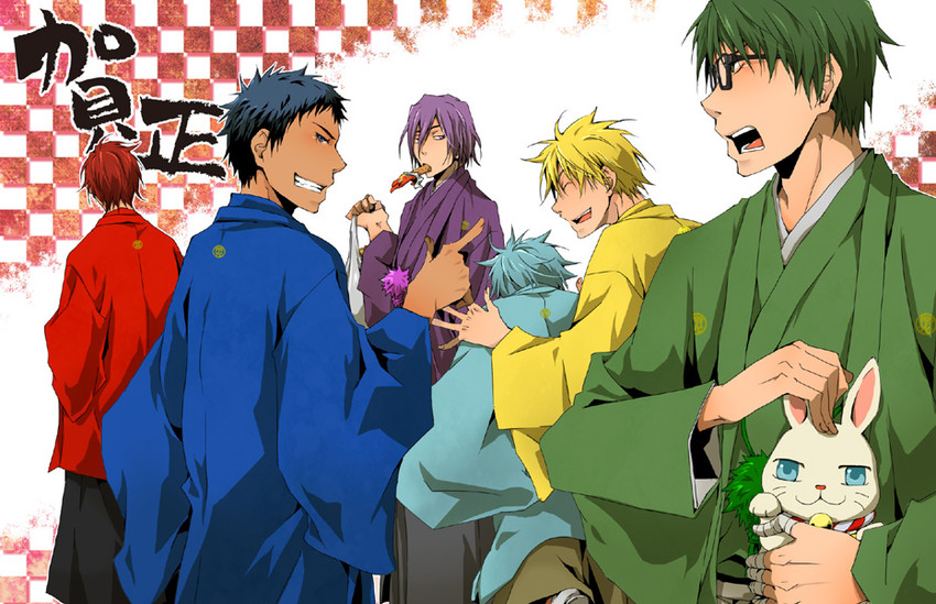kuroko tetsuya, aomine daiki, kise ryouta, akashi seijuurou, midorima shintarou, and 1 more (kuroko no basuke) drawn by kou_(sen328)