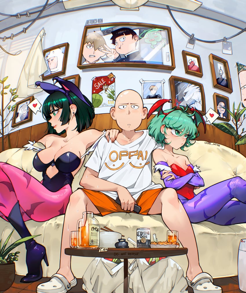 morrigan aensland, tatsumaki, lilith, fubuki, saitama, and 4 more (darkstalkers and 2 more) drawn by cesar_art456