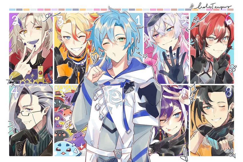 gavis bettel, machina x flayon, regis altare, axel syrios, banzoin hakka, and 11 more (holostars and 1 more) drawn by coll_(erichankun)