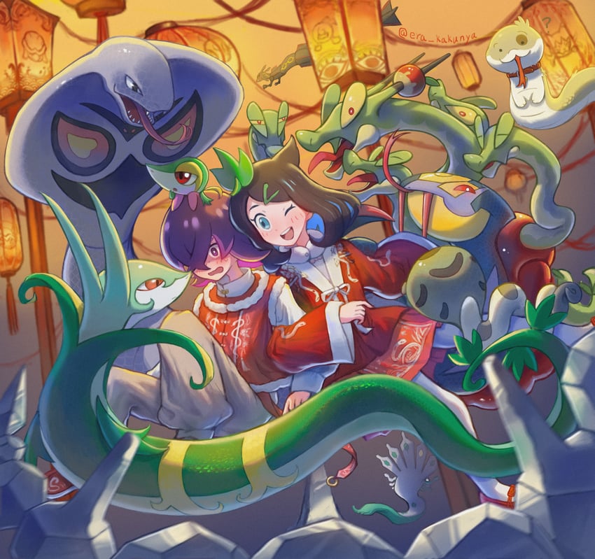 liko, serperior, rayquaza, dot, arbok, and 5 more (pokemon and 1 more) drawn by nekomura_saki