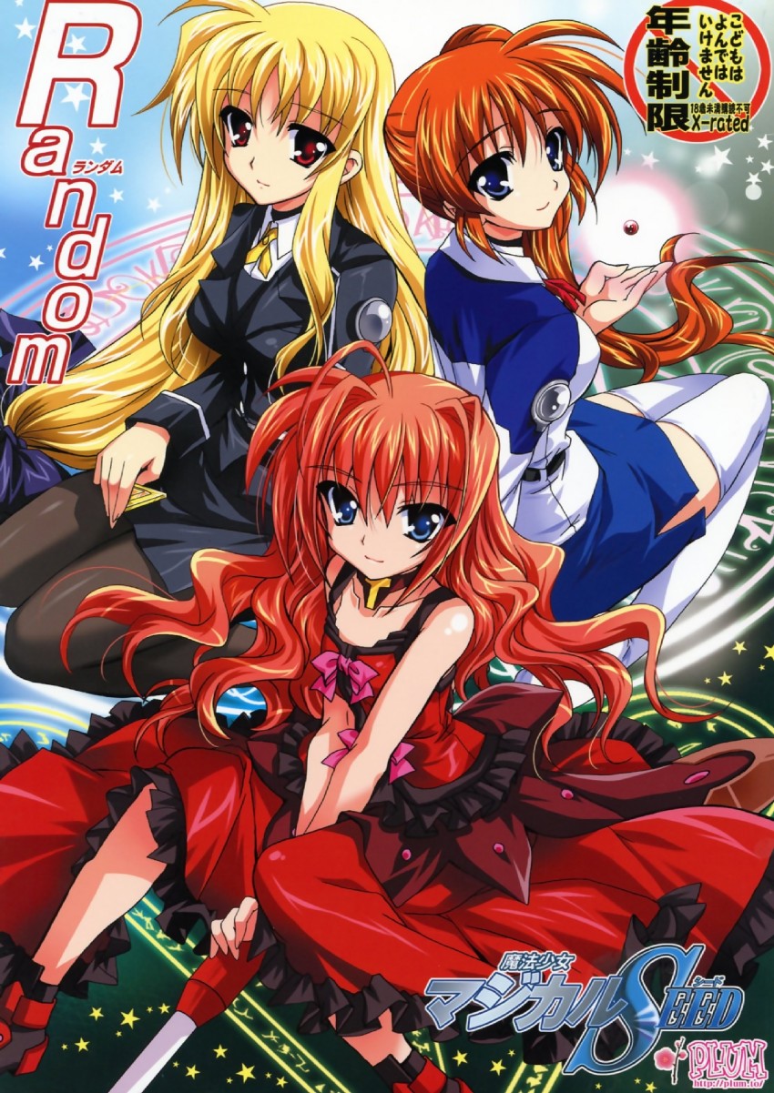 fate testarossa, takamachi nanoha, raising heart, bardiche, vita, and 1 more (lyrical nanoha and 1 more) drawn by kanna_(plum)