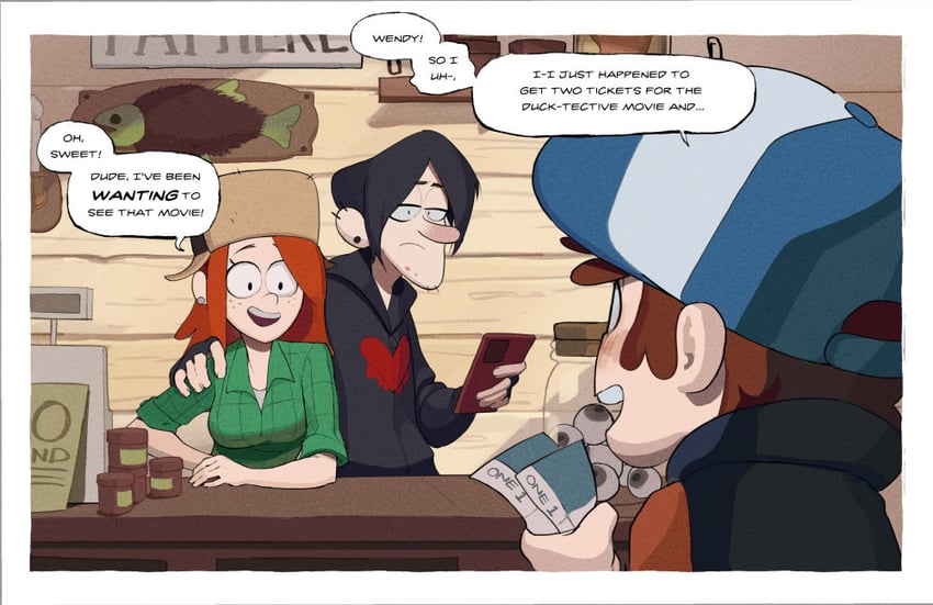 dipper pines, wendy corduroy, and robbie valentino (gravity falls) drawn by amugea and matchattea