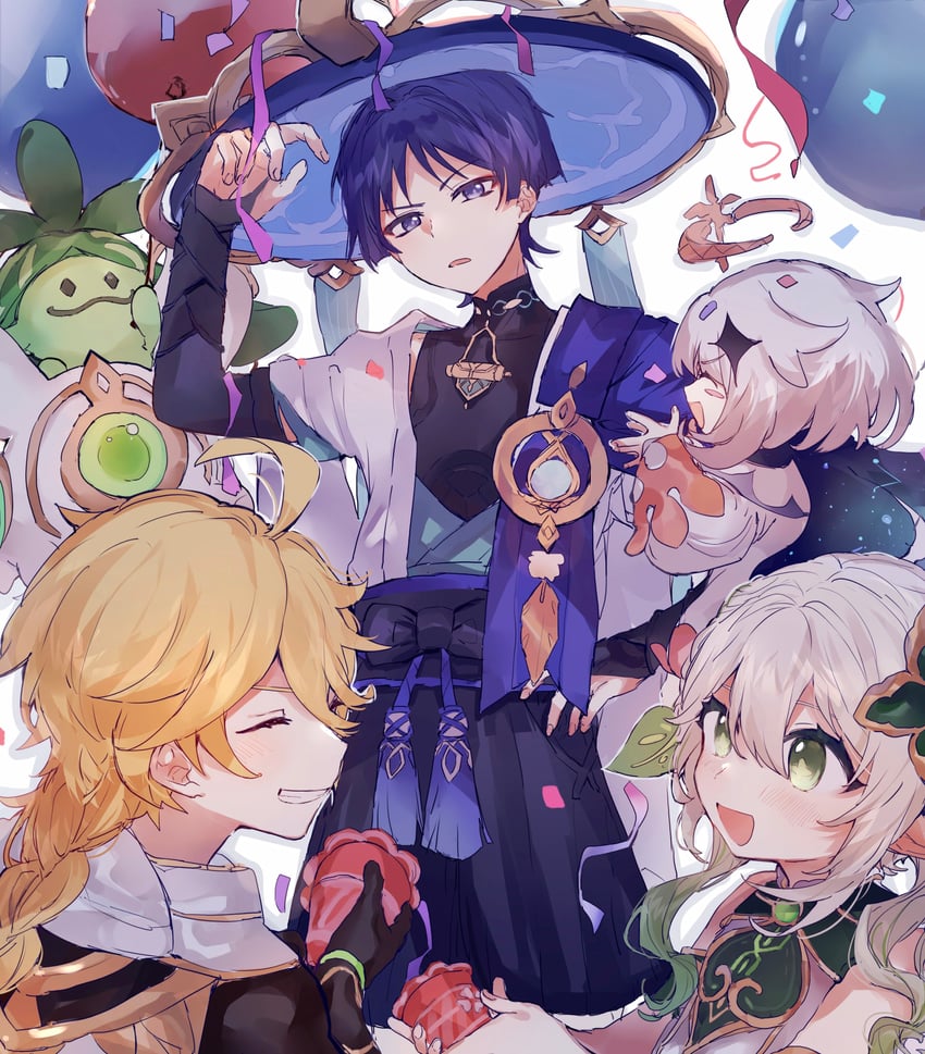 scaramouche, aether, nahida, wanderer, paimon, and 1 more (genshin impact) drawn by room_rem