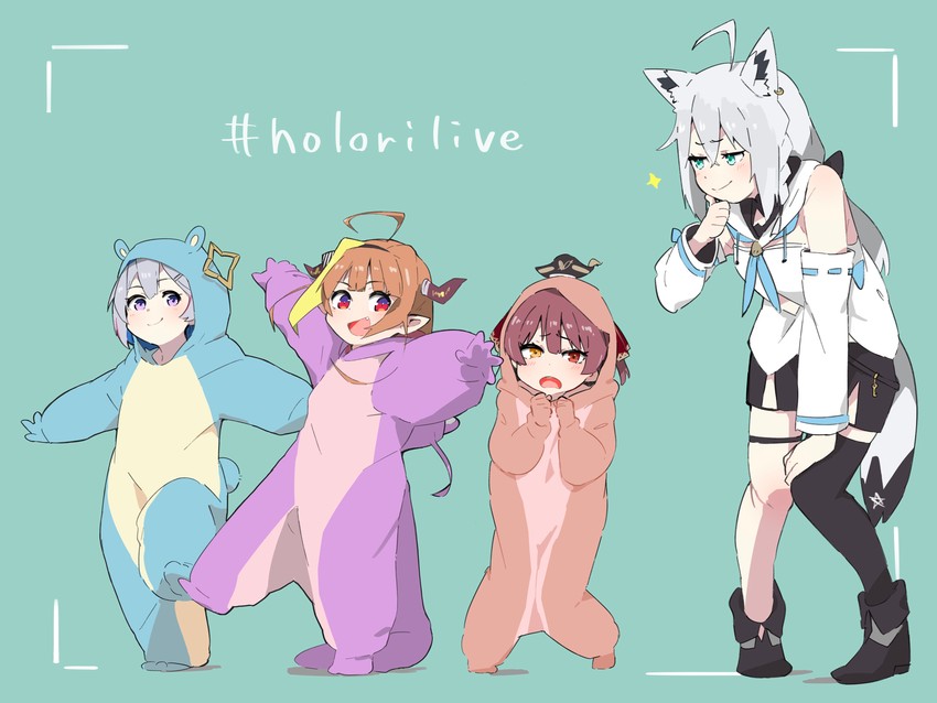 houshou marine, shirakami fubuki, amane kanata, and kiryu coco (hololive) drawn by donkoni
