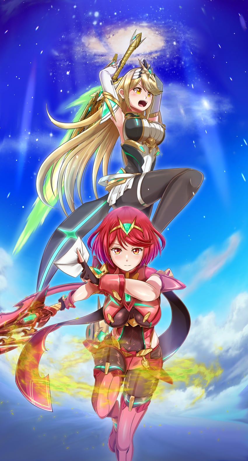 pyra and mythra (xenoblade chronicles and 2 more) drawn by samu_poteto