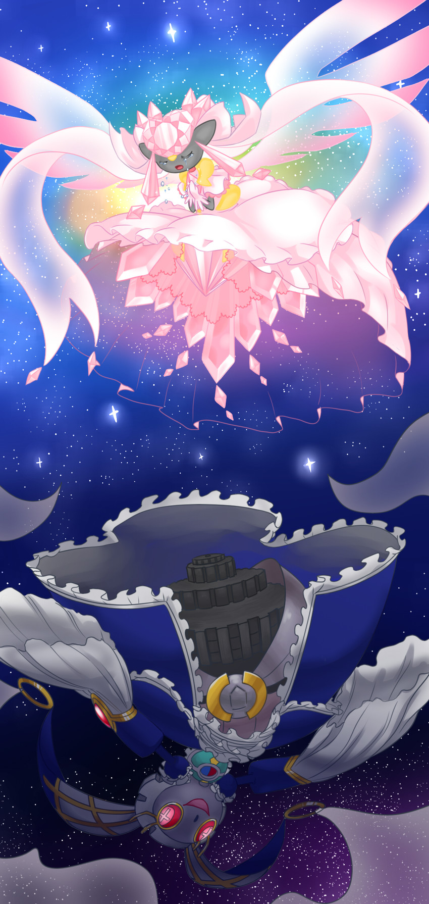 kaname madoka, ultimate madoka, walpurgisnacht, diancie, magearna, and 1 more (pokemon and 1 more) drawn by magical_jim