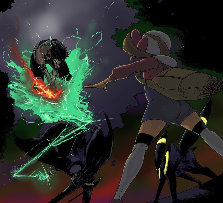 umbreon, lyra, demi-fiend, and kuzunoha raidou (pokemon and 4 more) drawn by furuna
