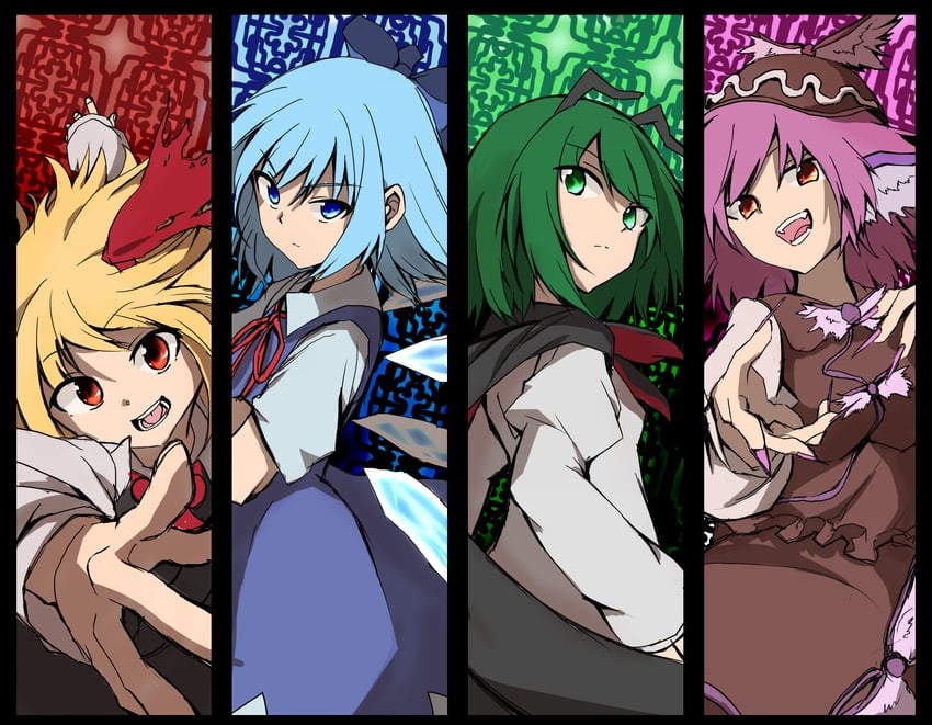 cirno, rumia, mystia lorelei, and wriggle nightbug (touhou) drawn by shinmon_akika