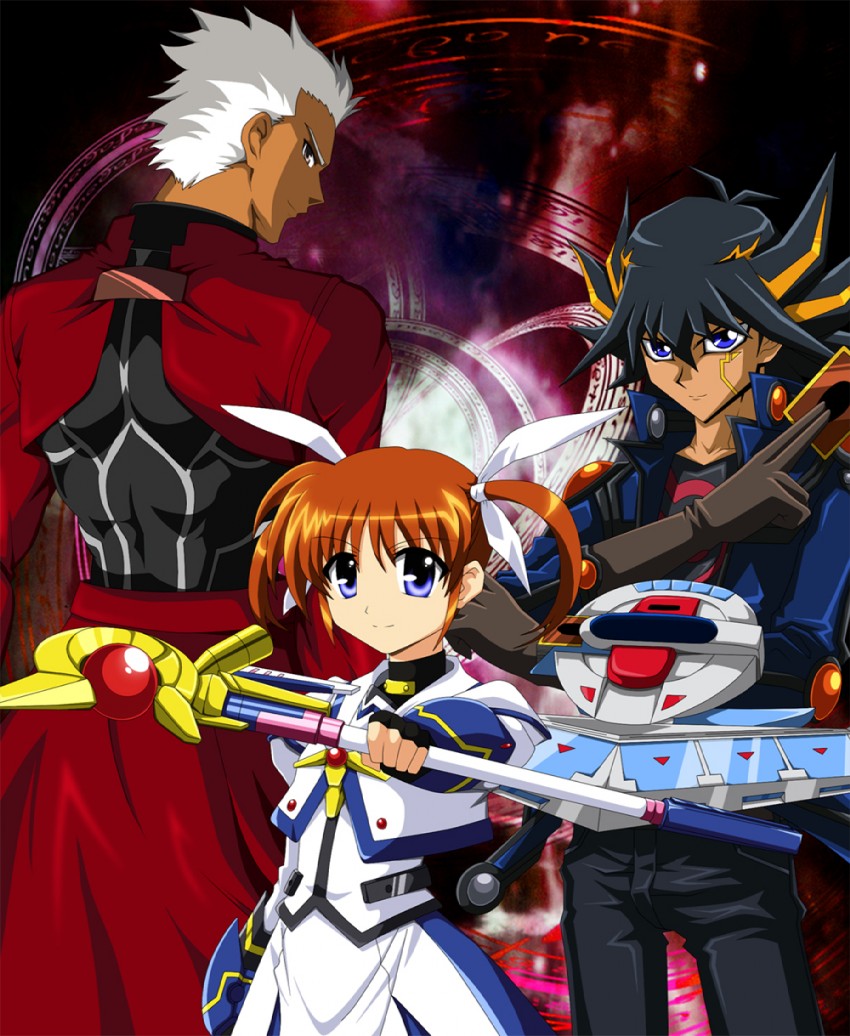 takamachi nanoha, archer, raising heart, and fudo yusei (fate and 6 more) drawn by monhan