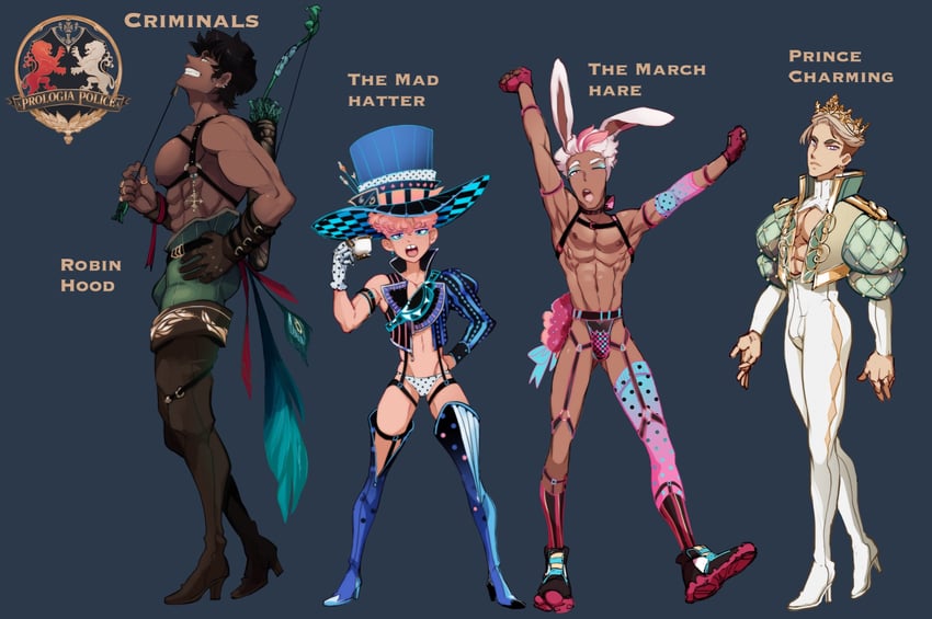 robin hood, the march hare, the mad hatter, and prince charming (fairytale police hoe department) drawn by idoraad