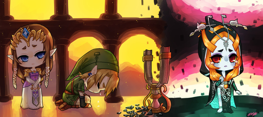 link, princess zelda, and midna (the legend of zelda and 1 more) drawn by onisuu