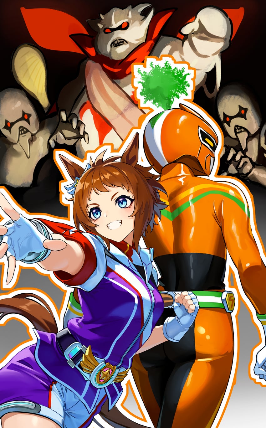 biko pegasus, carrotman, and lardron the grease monster (umamusume) drawn by reibun_(raven1119)
