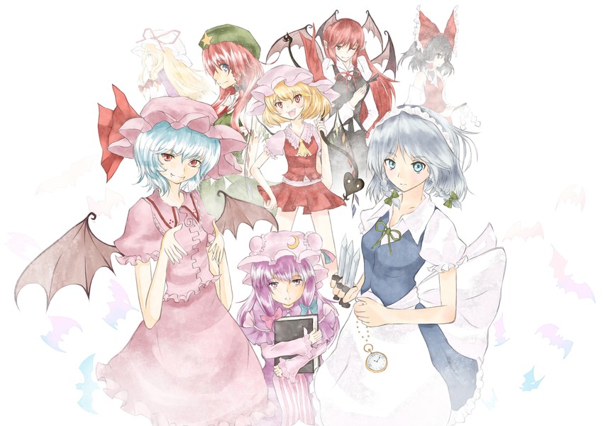 hakurei reimu, remilia scarlet, flandre scarlet, izayoi sakuya, patchouli knowledge, and 3 more (touhou) drawn by karua_m