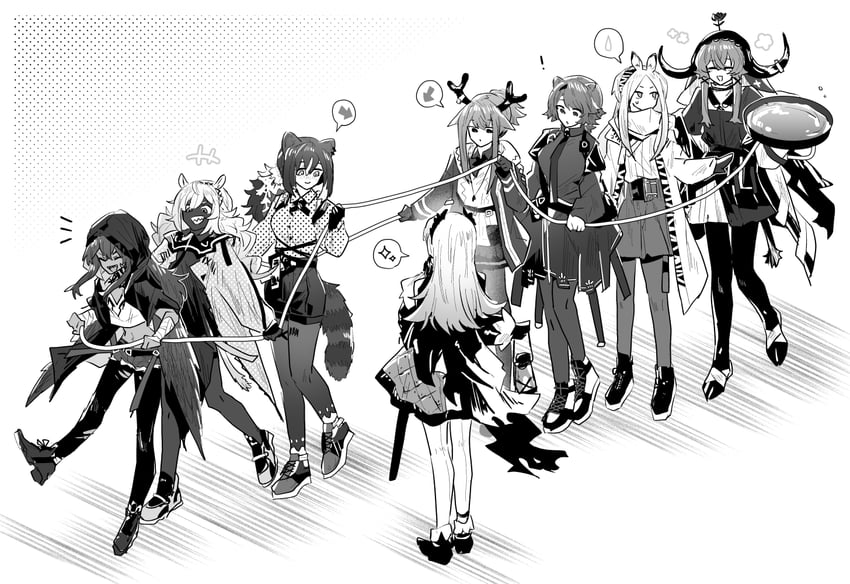 irene, robin, pallas, absinthe, heavyrain, and 3 more (arknights) drawn by iwashi_80