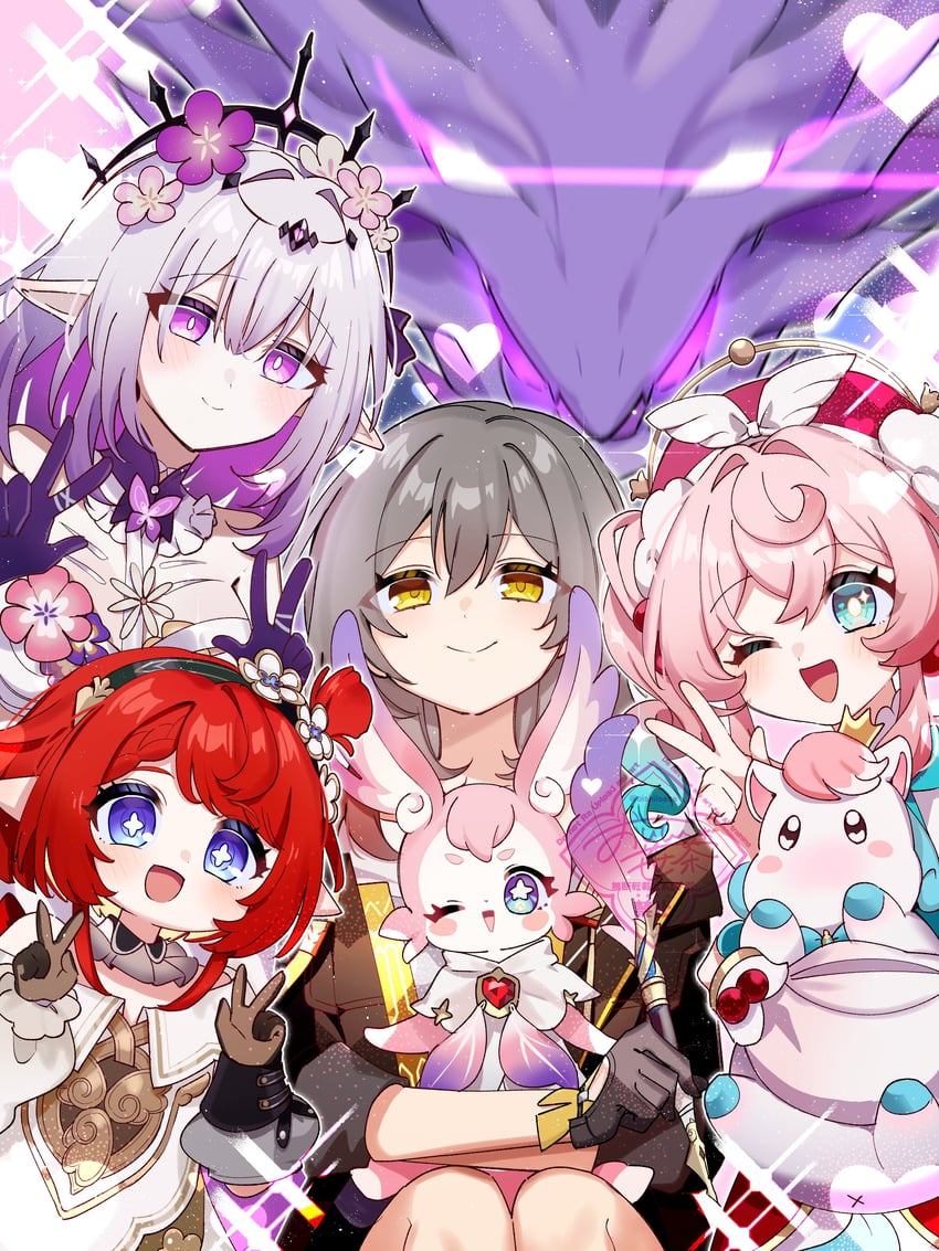 trailblazer, stelle, castorice, hyacine, tribbie, and 3 more (honkai and 1 more) drawn by oishii_sasa