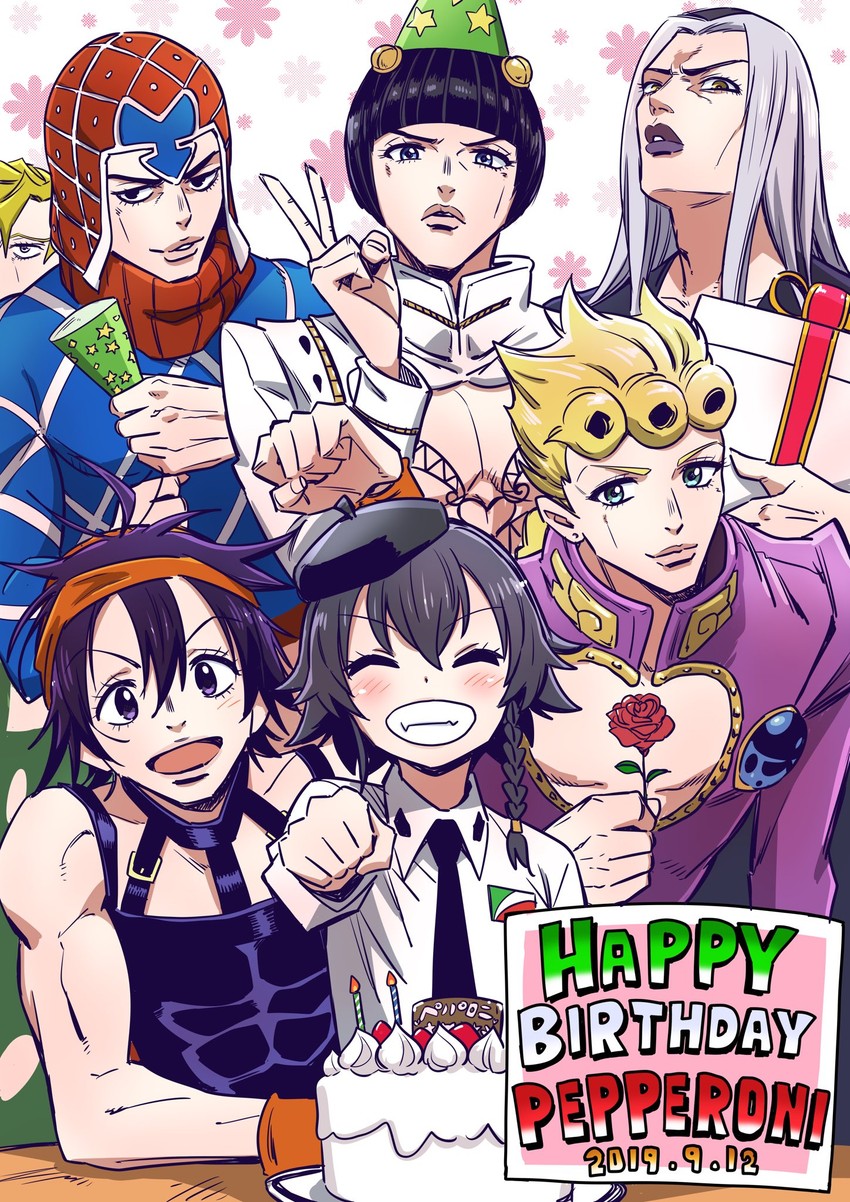 giorno giovanna, pepperoni, bruno bucciarati, guido mista, narancia ghirga, and 2 more (girls und panzer and 2 more) drawn by hone_(honehone083)
