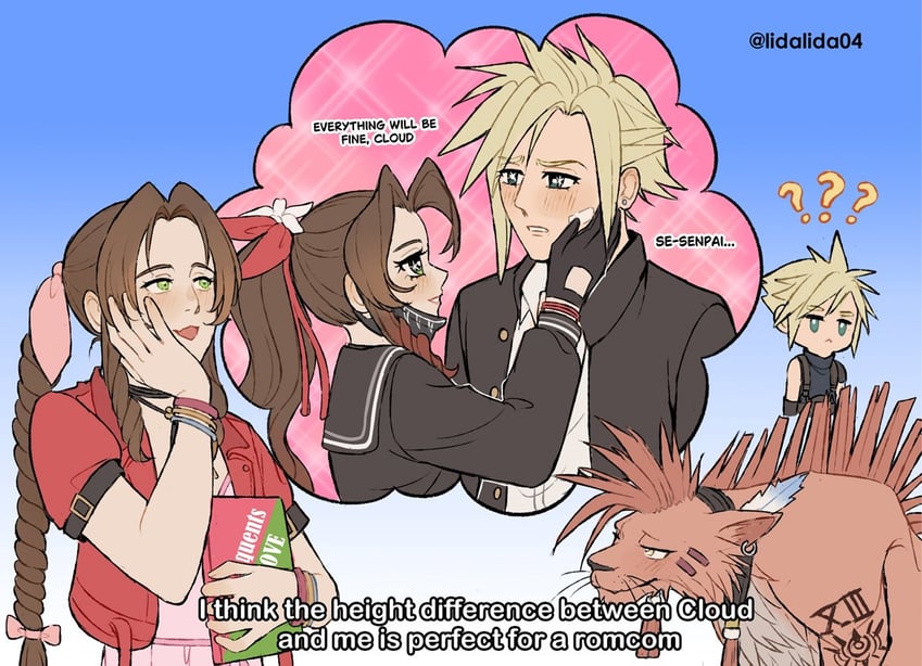 cloud strife, aerith gainsborough, and red xiii (final fantasy and 2 more) drawn by lida_(lidalida04)
