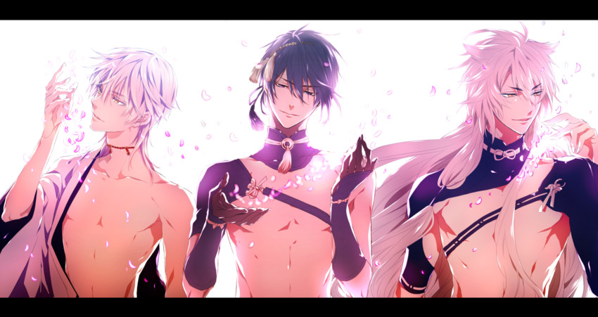 mikazuki munechika, tsurumaru kuninaga, and kogitsunemaru (touken ranbu) drawn by toriyoshi