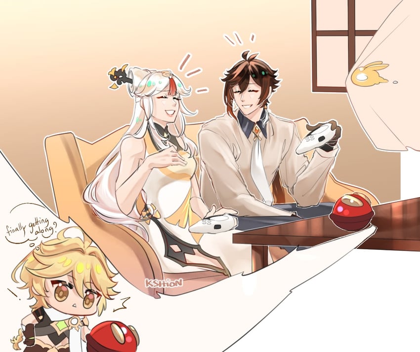 aether, zhongli, ningguang, and seelie (genshin impact) drawn by kurogawa_shion