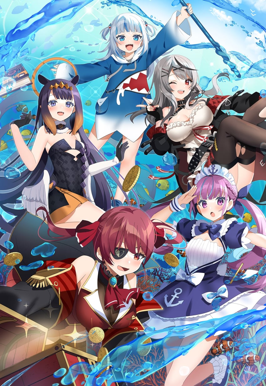 gawr gura, houshou marine, ninomae ina'nis, minato aqua, sakamata chloe, and 1 more (hololive and 1 more) drawn by kurot