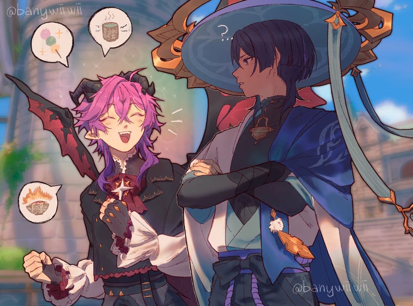 scaramouche, wanderer, and mini durin (genshin impact) drawn by ebany_ohuet