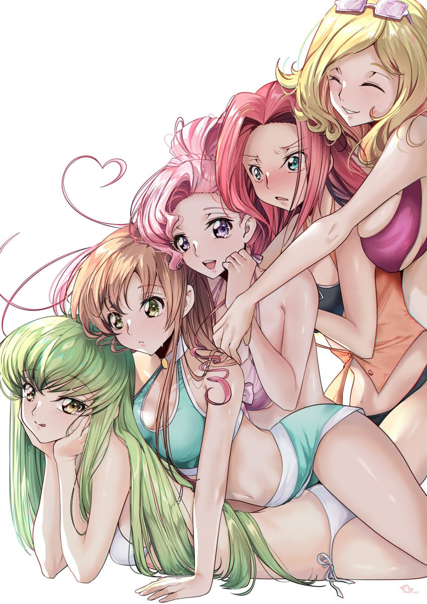 c.c., kouzuki kallen, euphemia li britannia, shirley fenette, and milly ashford (code geass) drawn by budgiepon