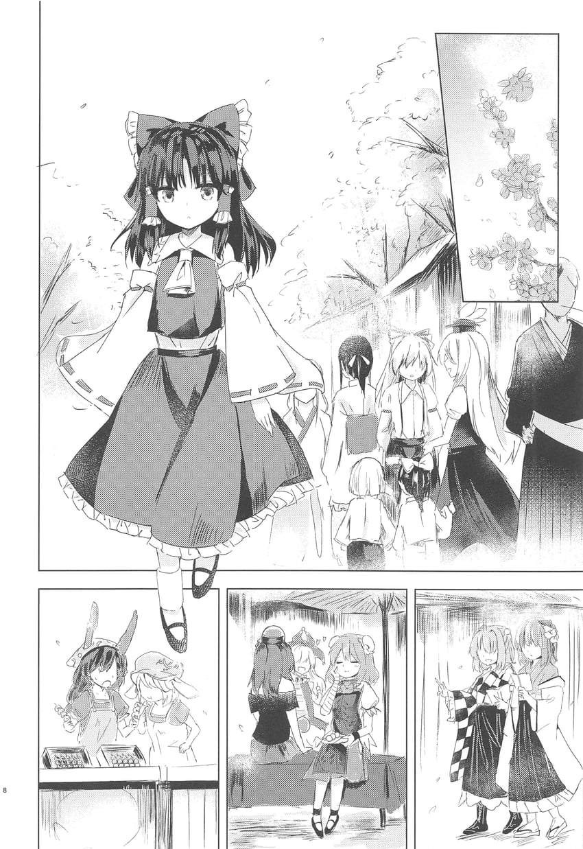 hakurei reimu, fujiwara no mokou, kamishirasawa keine, ibaraki kasen, clownpiece, and 5 more (touhou) drawn by thkani