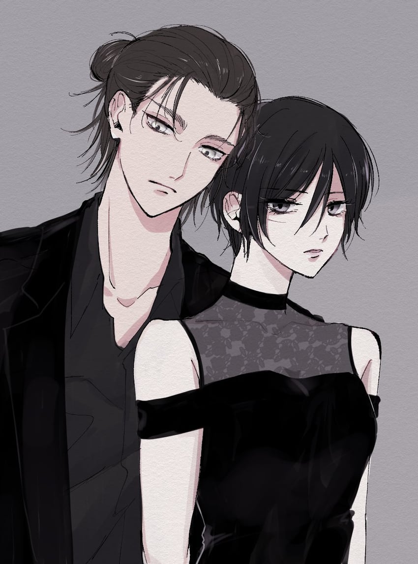 mikasa ackerman and eren yeager (shingeki no kyojin) drawn by ak32s