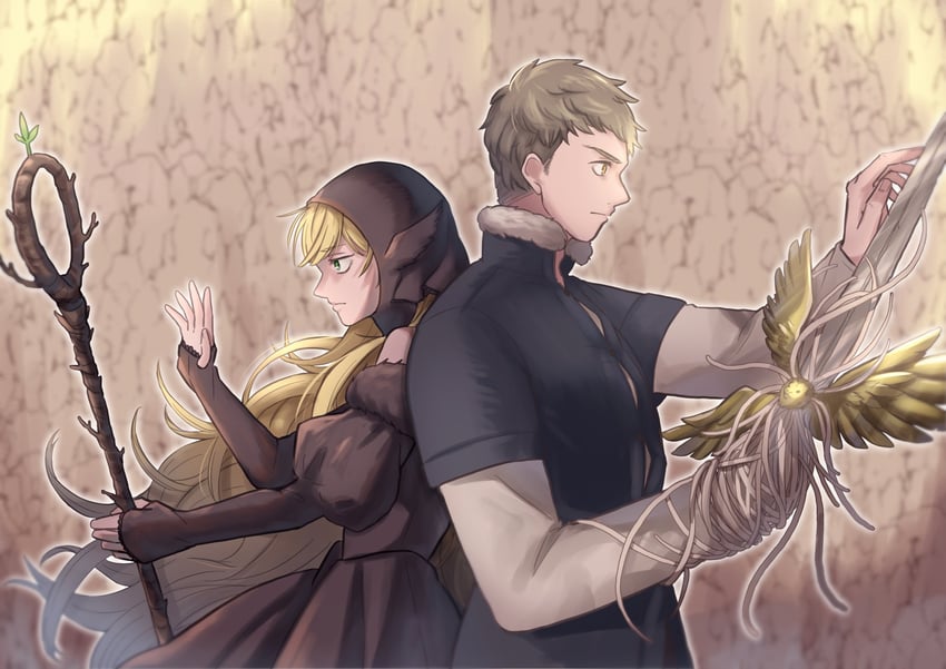 marcille donato, laios touden, and kensuke (dungeon meshi) drawn by osadabatake