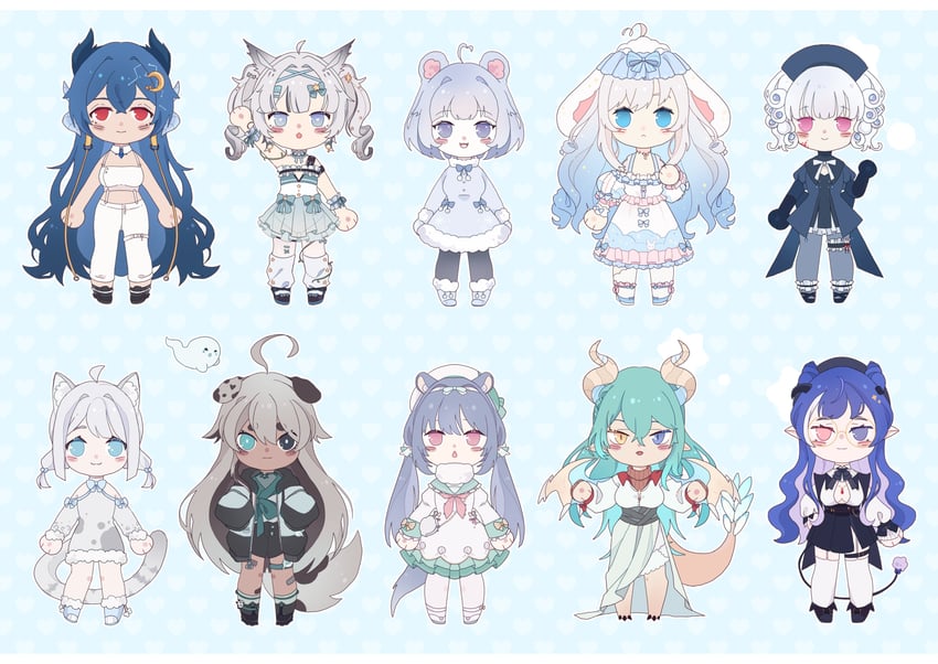 vienna, mikazuki silvi, moon, fuura yuri, pearl the otter, and 5 more (indie virtual youtuber and 2 more) drawn by nero_nee