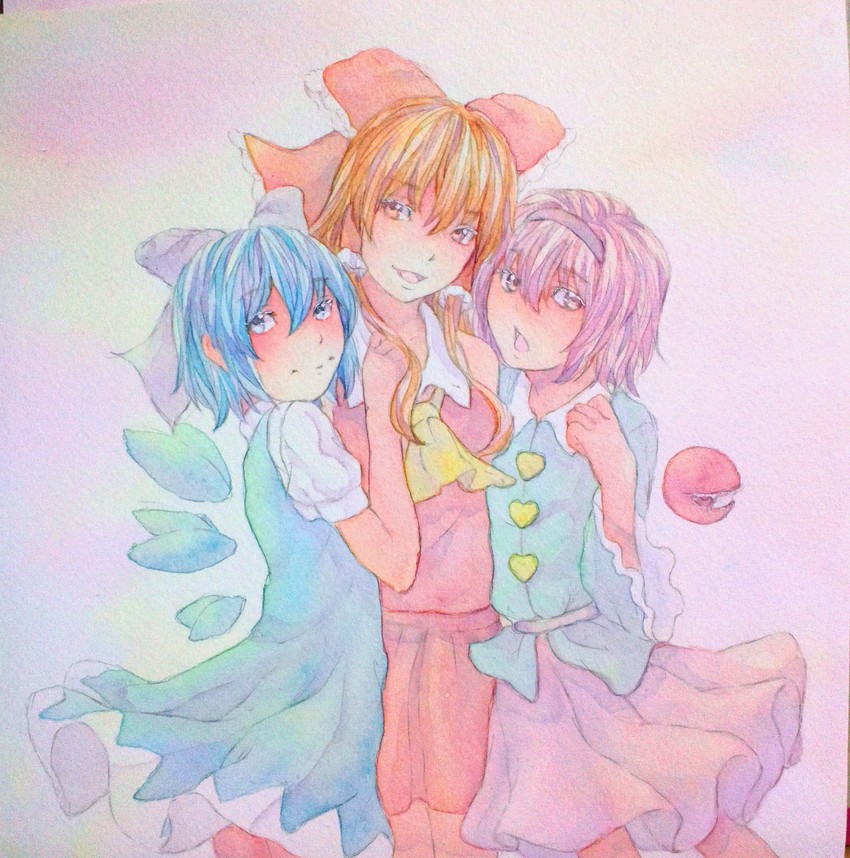 hakurei reimu, cirno, and komeiji satori (touhou) drawn by yuyu_(00365676)