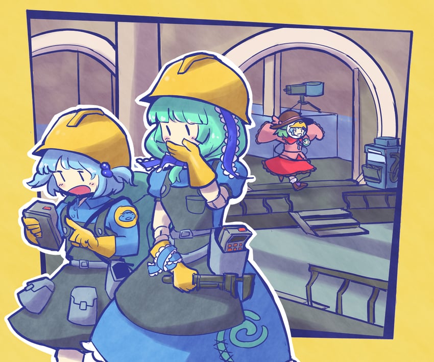 komeiji koishi, kawashiro nitori, kagiyama hina, engineer, and spy (touhou and 1 more) drawn by oysterfried