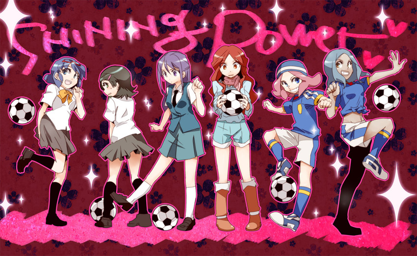 otonashi haruna, raimon natsumi, kudou fuyuka, kino aki, zaizen touko, and 1 more (inazuma eleven) drawn by mudo_(saji)