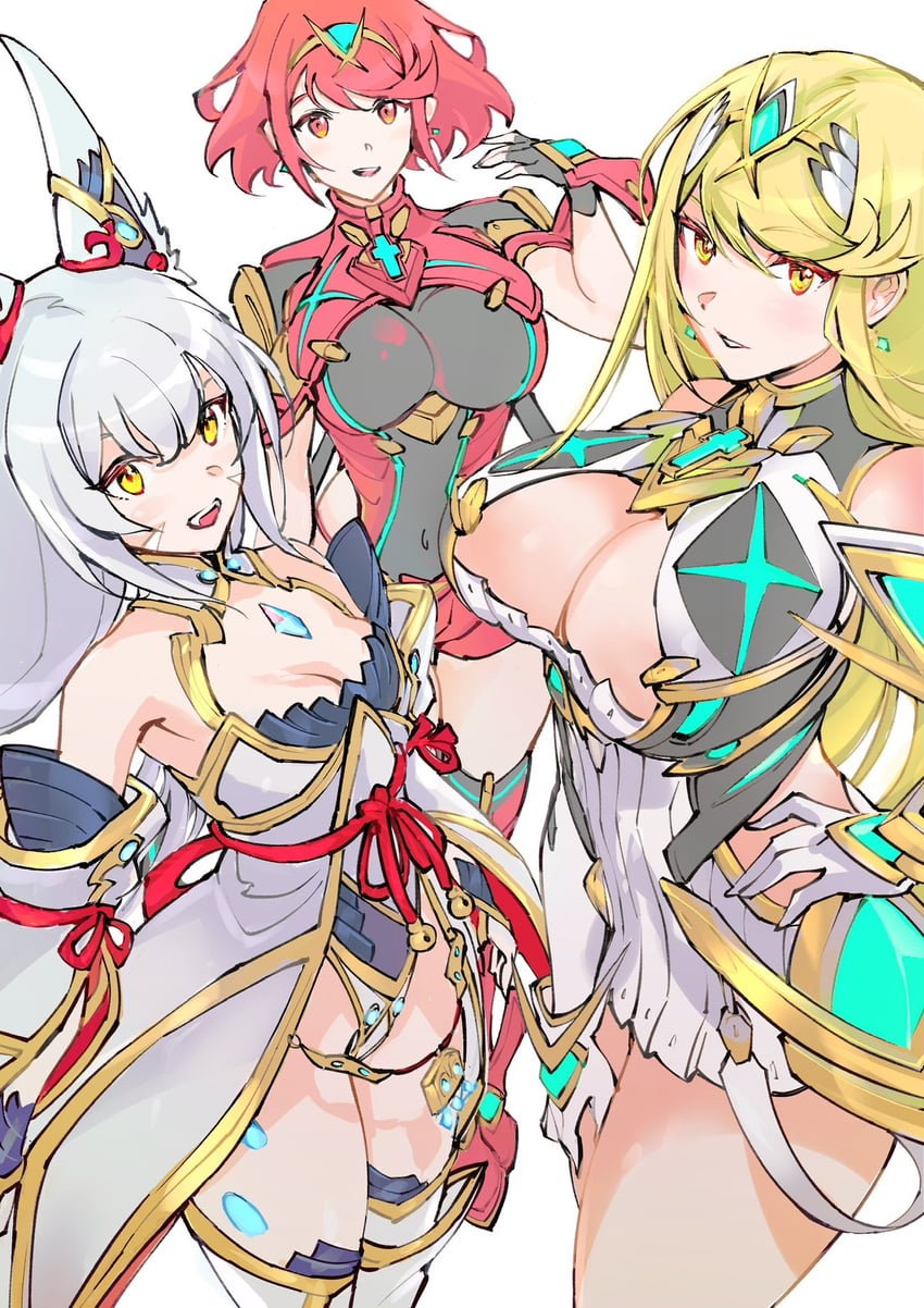 pyra, mythra, and nia (xenoblade chronicles and 1 more) drawn by ug333333