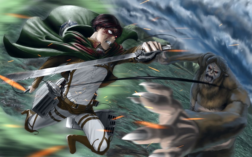levi, titan, and beast titan (shingeki no kyojin) drawn by shin_oekaki