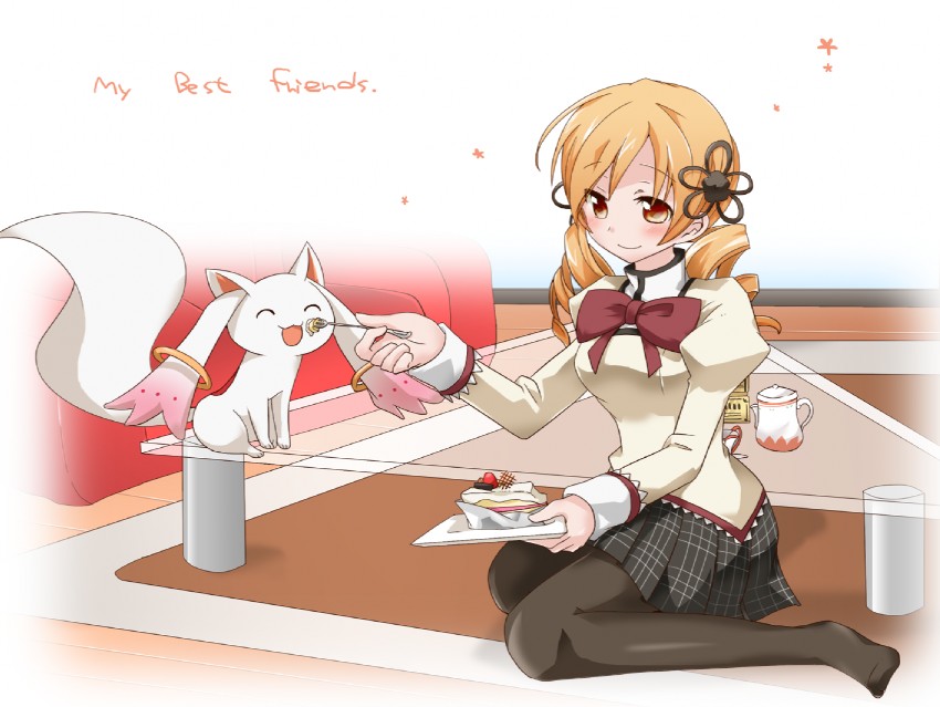 tomoe mami and kyubey (mahou shoujo madoka magica) drawn by araragi_ayune