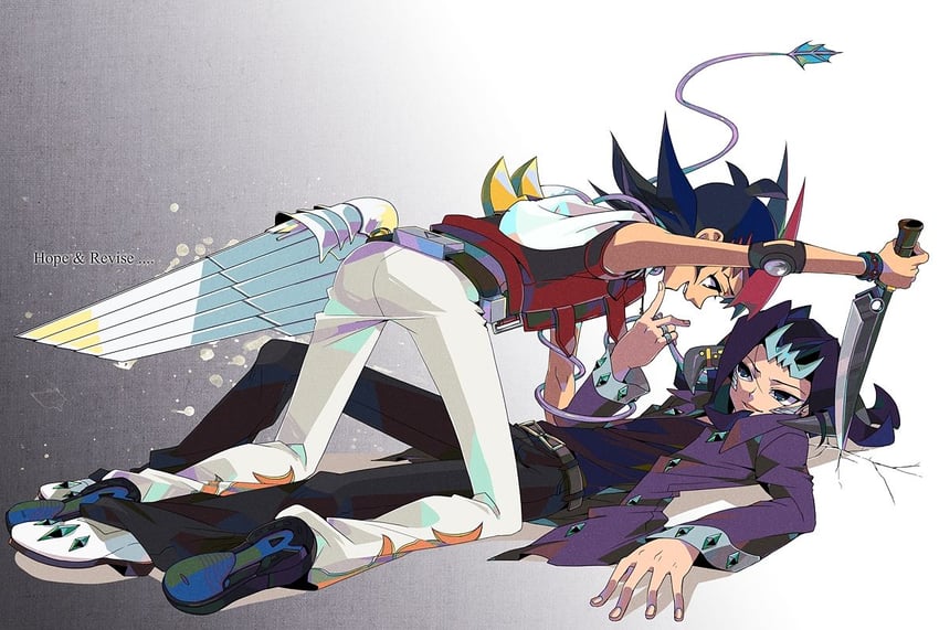 tsukumo yuma, kamishiro ryouga, number 39 utopia, and number 32 shark drake (yu-gi-oh! and 1 more) drawn by kumo_suzume