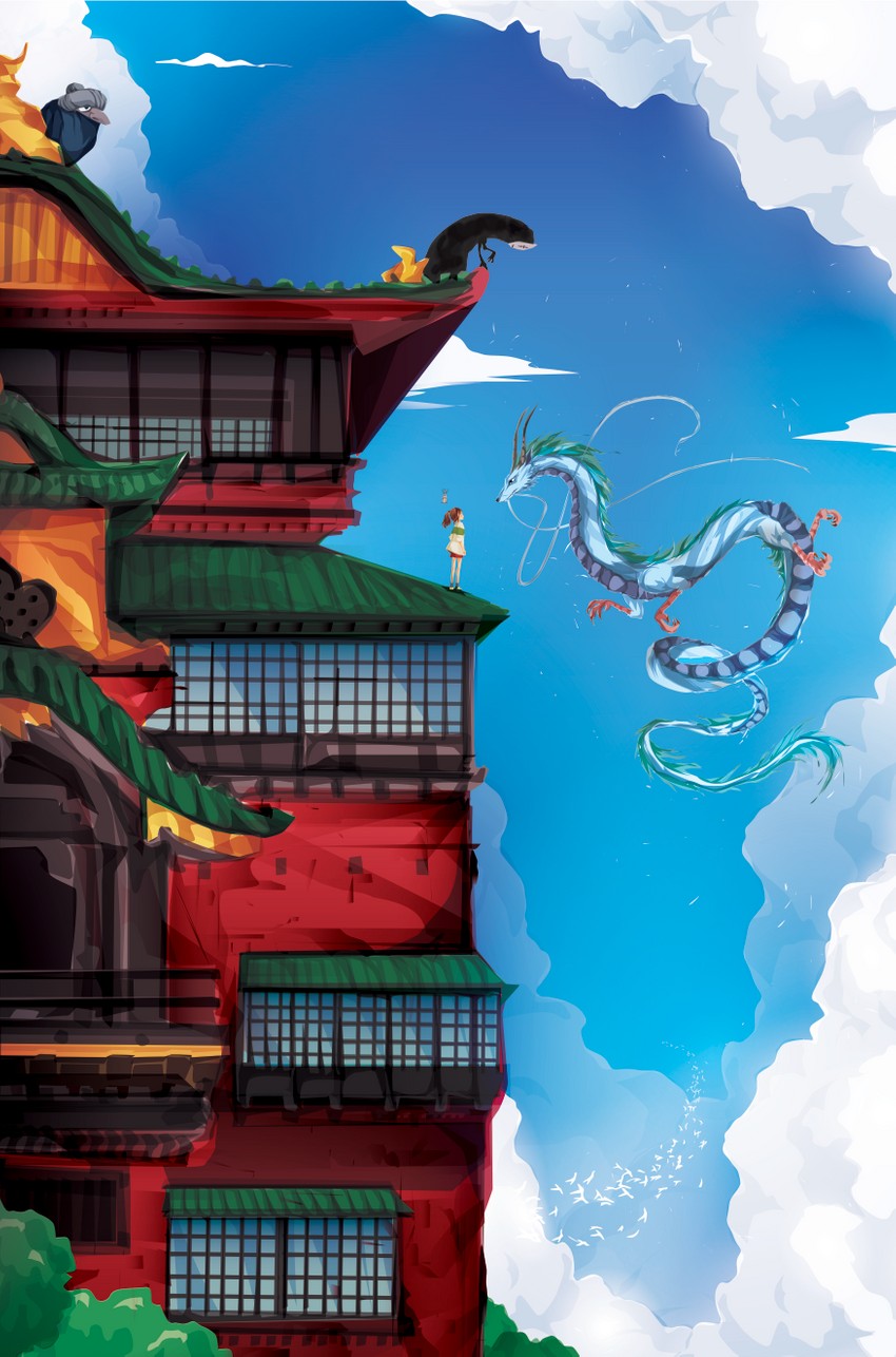 ogino chihiro, haku, kaonashi, bou, yubaba, and 1 more (sen to chihiro no kamikakushi) drawn by justin_currie_(chasingartwork)