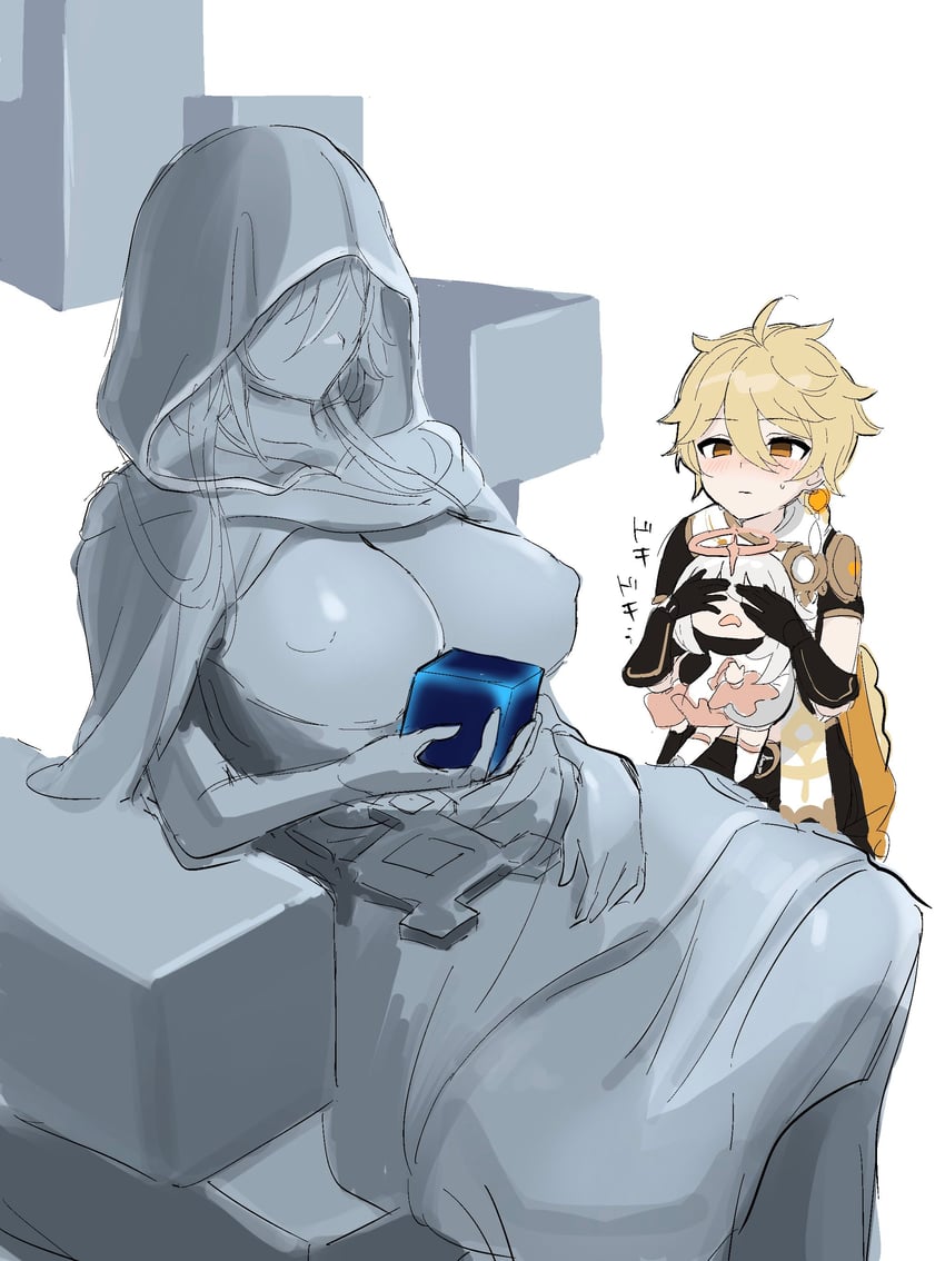 aether, paimon, zhongli, and statue of the seven (genshin impact) drawn by nipio
